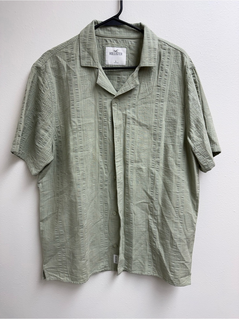Hollister Men's Light Sage Green Textured Short-Sleeve Button Shirt